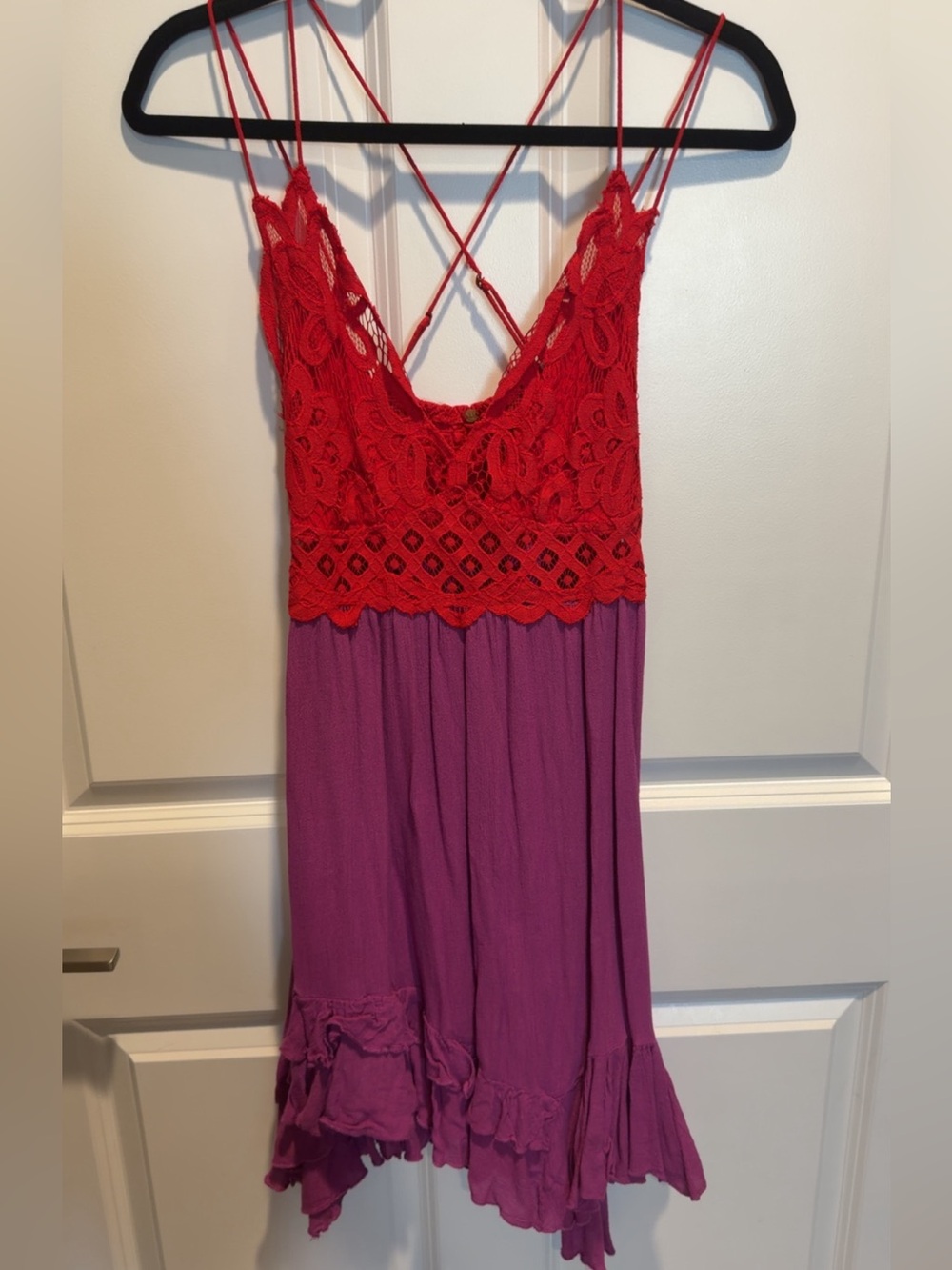 Red Crochet Bodice Purple Mini Dress - Women's Summer Dress